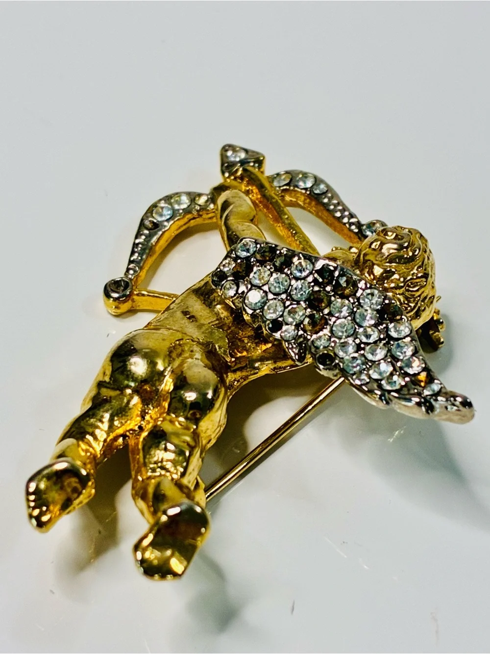 Distressed Gold-Tone Cupid Brooch with Clear Rhinestones Classic Valentine READ